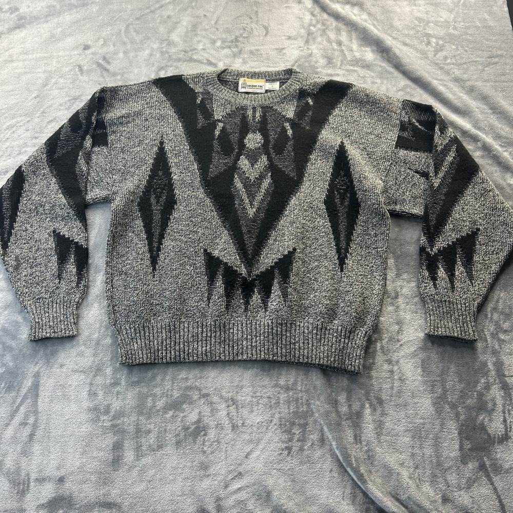 London Fog Sweater Large Grey Black Womens Crewneck Acrylic Geometric Vintage